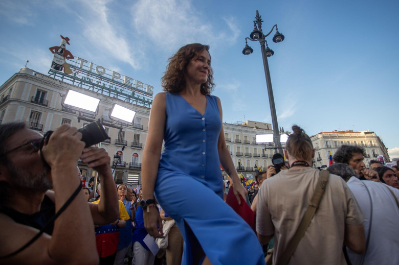 Madrid, Spain. 17th Aug, 2024. The president of the Community of Madrid, Isabel Díaz Ayuso, takes part in the "Rally for the Truth of Venezuela" convened worldwide, this Saturday at the Puerta del Sol, in Madrid. Thousands of people are participating this