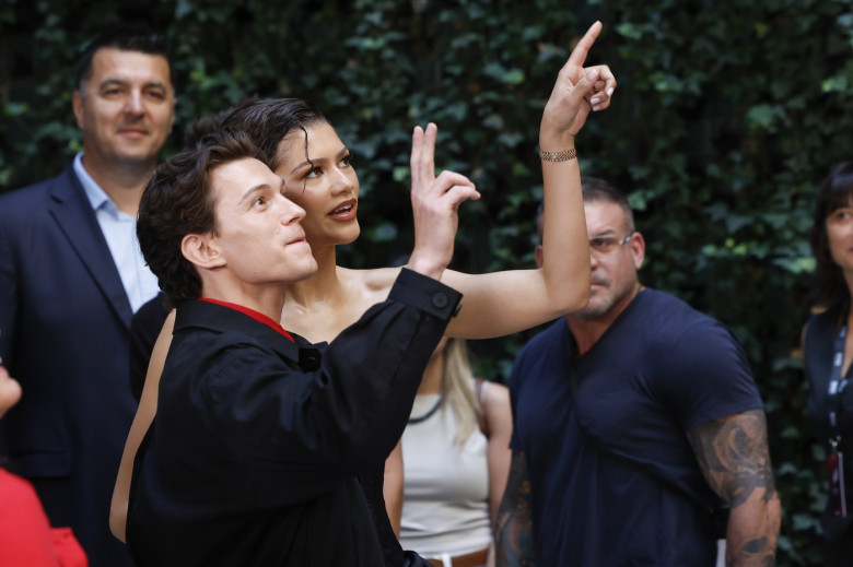 Zendaya and Tom Holland pose at the "Spider-Man: Brand New Day" photocall in Madrid