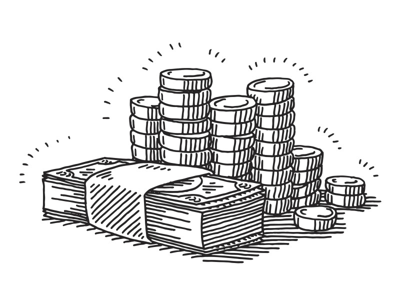 Hand-drawn vector drawing of Money Banknotes And Coins. Black-and-White sketch on a transparent background (.eps-file). Included files are EPS (v10) and Hi-Res JPG.