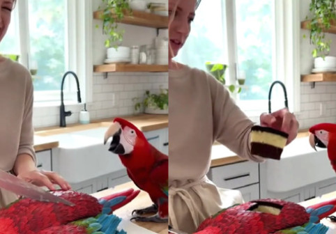 Reacția unui papagal atunci când stăpâna sa taie un tort în formă de pasăre: „E incredibil. Sigur e făcut cu AI”