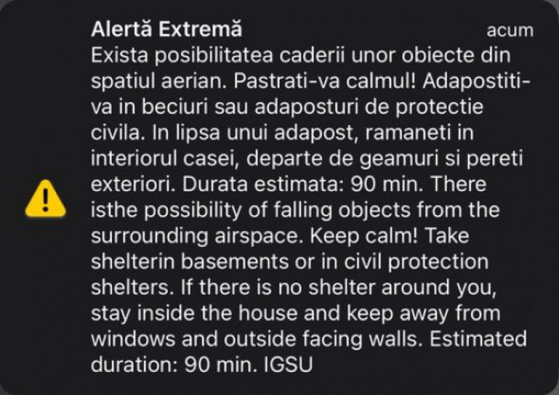 Trei mesaje RO-Alert pentru localităţi din nordul judeţului Tulcea, deoarece exista riscul de cădere a unor obiecte din spaţiul aerian/ Foto: News.ro