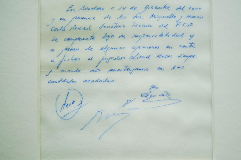 The unofficial contract of Lionel Messi to FC Barcelona on a napkin