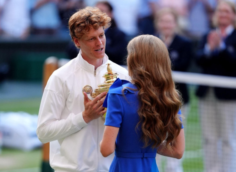 The Princess of Wales presents the Gentlemen's Singles Trophy to Jannik Sinner following his victory over Carlos Alcaraz on day fourteen of the 2025 Wimbledon Championships at the All England Lawn Tennis and Croquet Club, London. Picture date: Sunday July