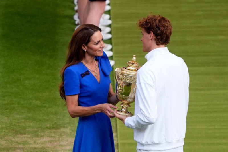 The Princess of Wales presents the Gentlemen's Singles Trophy to Jannik Sinner following his victory over Carlos Alcaraz on day fourteen of the 2025 Wimbledon Championships at the All England Lawn Tennis and Croquet Club, London. Picture date: Sunday July