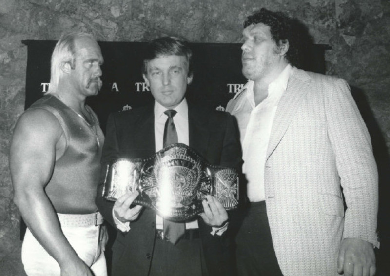 **FILE PHOTO** Hulk Hogan Has Passed Away. Hulk Hogan, Donald Trump, Andre the Giant 1987 Photo By John Barrett-PHOTOlink.net / MediaPunch