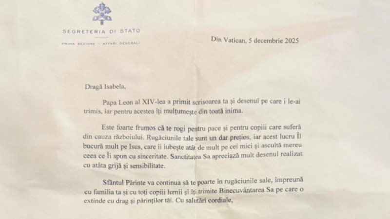 Papa Leon al XIV-lea i-a răspuns personal unei fetițe din București/ Foto: Vatican News