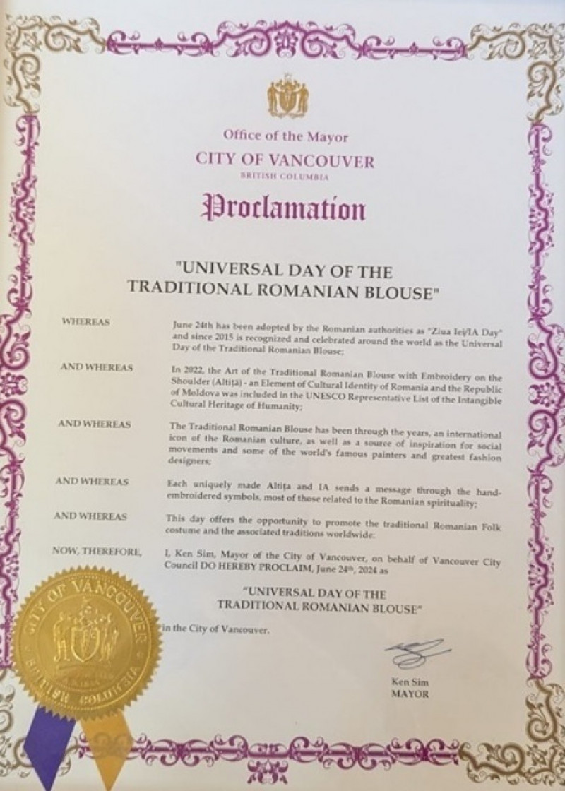 Primăria din Vancouver a recunoscut oficial Ziua Universală a Bluzei Tradiţionale Româneşti/ Foto: X