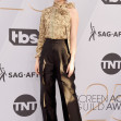 Emma Stone pozeaza pe covorul rosu de la sag awards 2019 intr-un top metalic si pantaloni la dunga