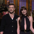 Dakota Johnson mocks Justin Timberlake’s ‘comeback’ as he crashes her Saturday Night Live opening monologue with Jimmy Fallon