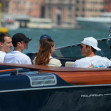 Orlando Bloom all smiles on Venice water taxi with Corey Gamble and Tom Brady during Bezos wedding celebrations