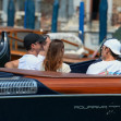 Orlando Bloom all smiles on Venice water taxi with Corey Gamble and Tom Brady during Bezos wedding celebrations