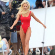 *PREMIUM-EXCLUSIVE* Lily James transforms into the sexy 90's Baywatch icon Pamela Anderson as she wears a tight red swimsuit and Pamela's trademark blonde hair on the set of the new series 'Pam and Tommy' out in Malibu.