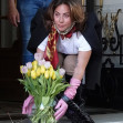 The American Actress and singer Lady Gaga threw flowers to her fans upon leaving the Boscolo Hotel in Rome.