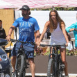 *EXCLUSIVE* Gerard Butler rides his electric bike to lunch with girlfriend Morgan Brown and a buddy