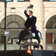 Tally Ho! Hugh Jackman sits atop a fake horse as he films scenes for his new movie The Greatest Showman