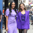 Jessica Alba and Lizzy Mathis leave Good Morning America in purple outfits in New York City