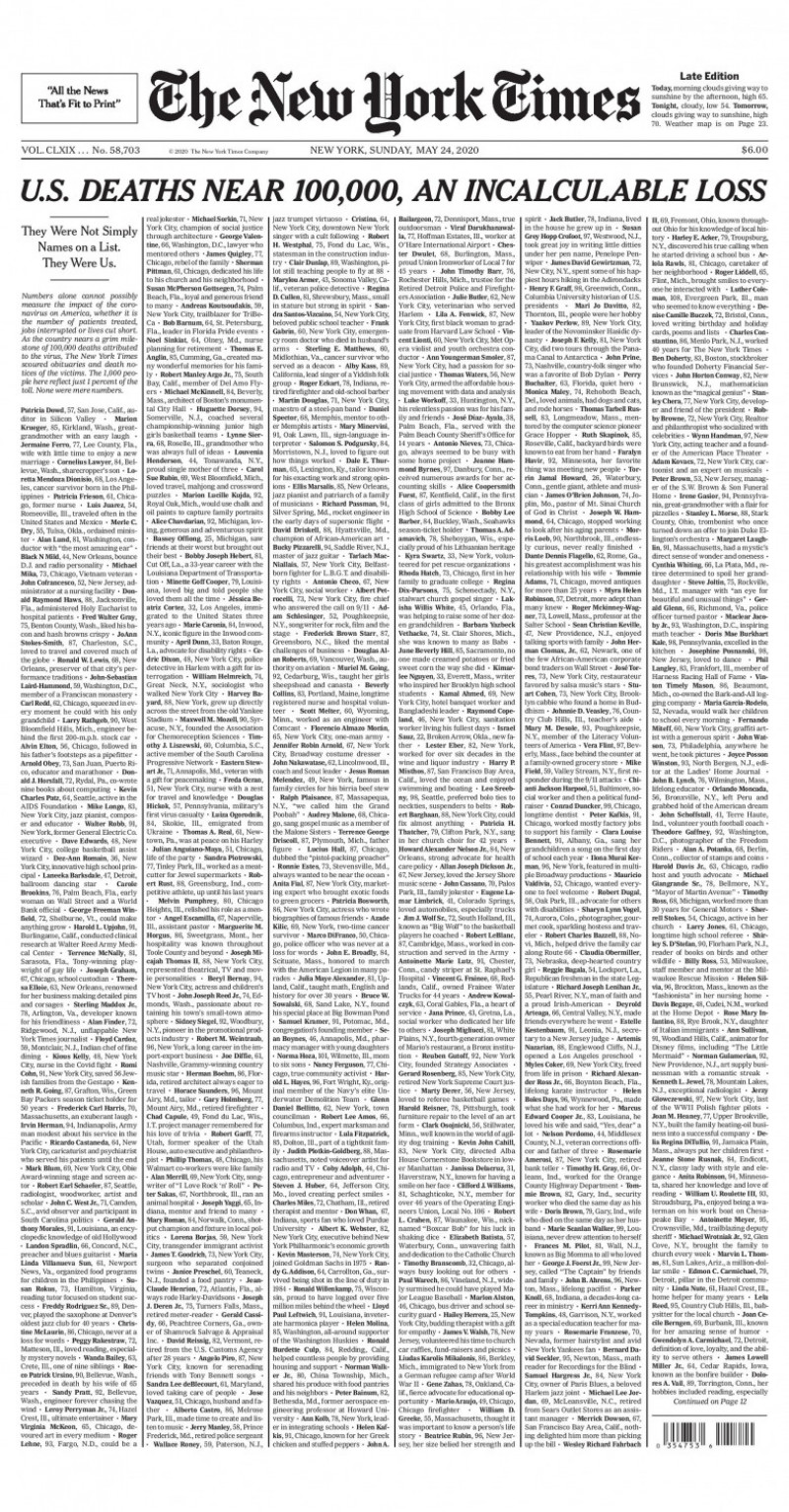 New York Times şi-a umplut prima pagină cu nume de persoane decedate din cauza COVID-19