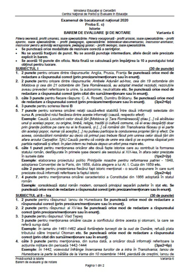 Bacalaureat 2020 Barem De Corectare La Istorie