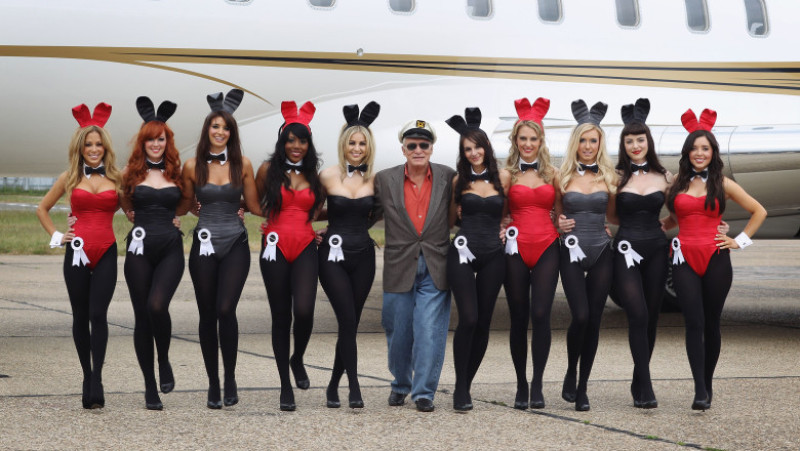 Hugh Hefner Arrives At Stansted Airport For Launch Of Playboy Club London