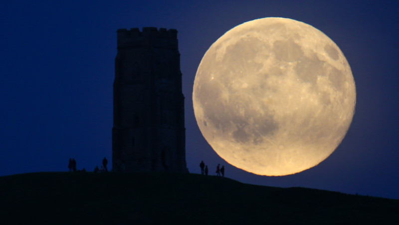 Blue Moon Rises Over Glastonbury Tor