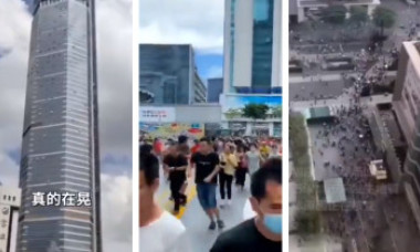 Momentul în care un zgârie-nori din China începe să se clatine puternic, din motive inexplicabile. Oamenii aleargă îngroziți pe străzi