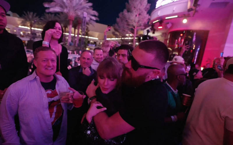 Taylor Swift and Travis Kelce dance and kiss at XS Nightclub as Kansas City Chiefs celebrate Super Bowl win
