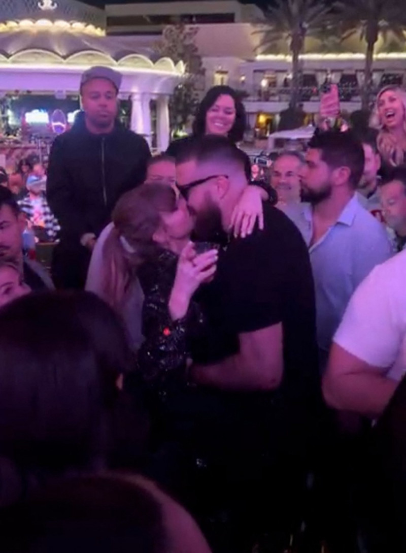 Taylor Swift and Travis Kelce share a passionate kiss as they dance to her hit “Love Story” celebrating Kansas City Chiefs’ Super Bowl win at XS Nightclub at Wynn Las Vegas