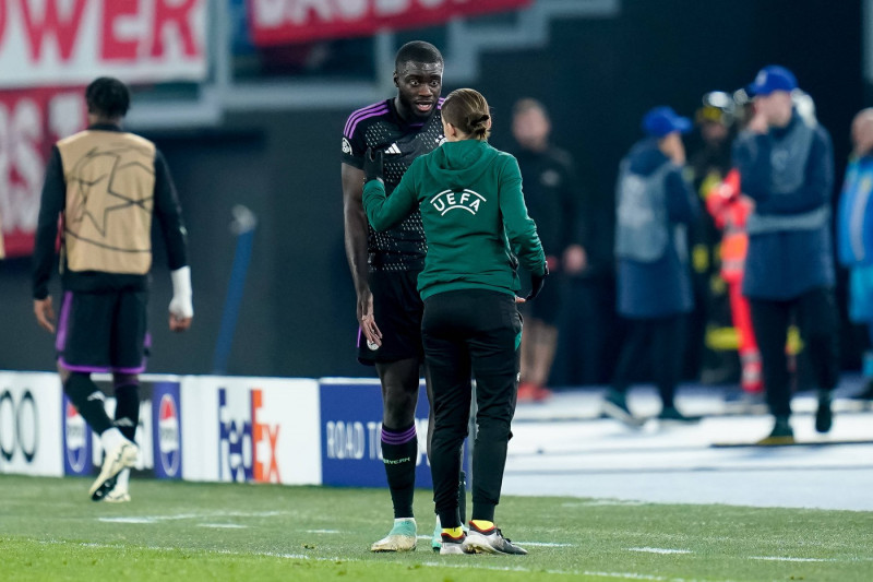 Lazio v FC Bayern Munich - UEFA Champions League Dayot Upamecano of FC Bayern Munich leaves the pitch receiving a red ca