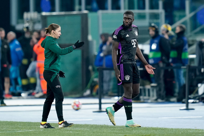 Lazio v FC Bayern Munich - UEFA Champions League Dayot Upamecano of FC Bayern Munich leaves the pitch receiving a red ca