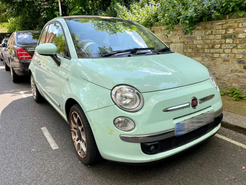 *EXCLUSIVE* Actress Helena Bonham Carter's classic light green Fiat 500 has seen better days!