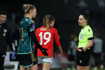 UEFA Womens Nations League - Wales v Germany Referee Iuliana Demetrescu cautions Alexandra Popp (11 Germany) during the