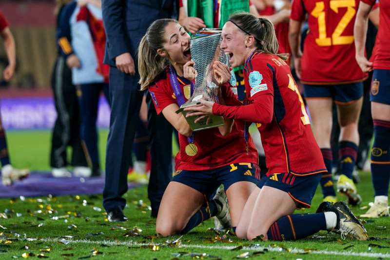 Sevilla, Spain, February 28th 2024: Laia Aleixandri (Spain) and Maite Oroz (Spain, right) celebrate their victory posign