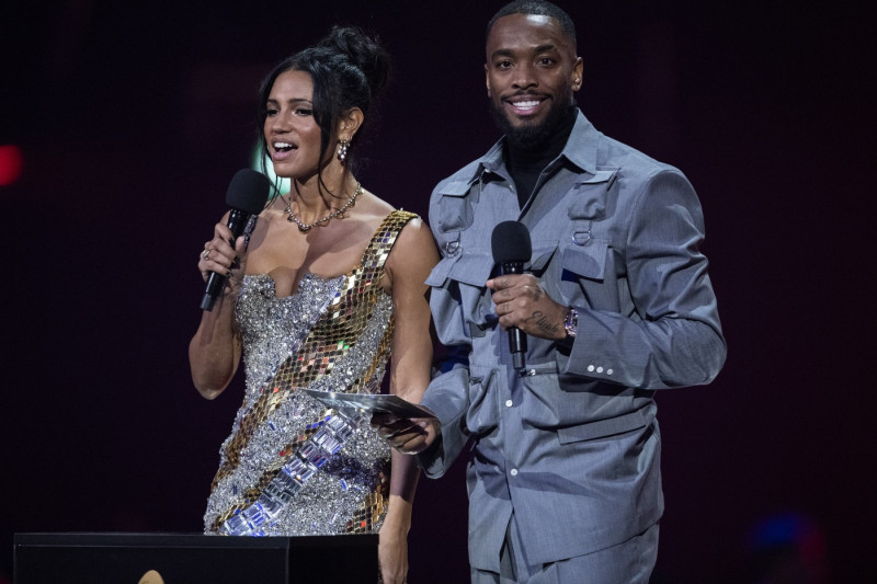 Vick Hope and Ivan Toney presenting the BRIT Award for Producers of the Year at the 2024 BRIT Awards at The O2 Arena, London on 2 March 2024