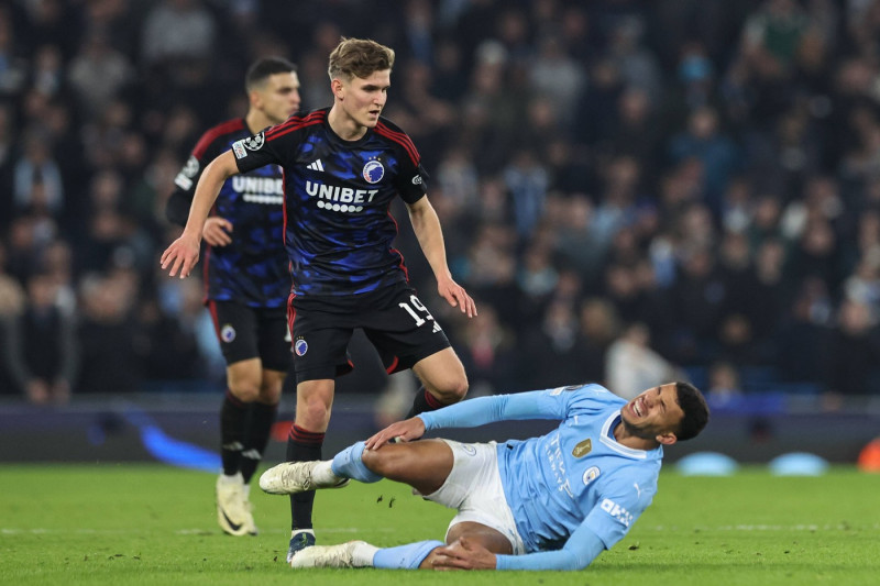 UEFA Champions League Manchester City v F.C. Copenhagen Matheus Nunes of Manchester City is fouled by Elias Jelert of FC