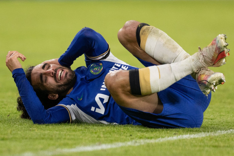 Chelsea v Arsenal Premier League 21/10/2023. Chelsea defender Marc Cucurella (3) feigns injury during the Premier League