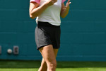 MIAMI GARDENS FL - MARCH 15: Simona Halep is seen on the practice court during the 2024 Miami Open at Hard Rock Stadium