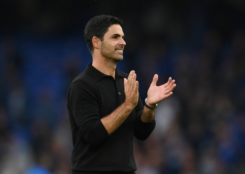 Liverpool, England, 17th September 2023. Mikel Arteta manager of Arsenal applauds the fans during the Premier League mat