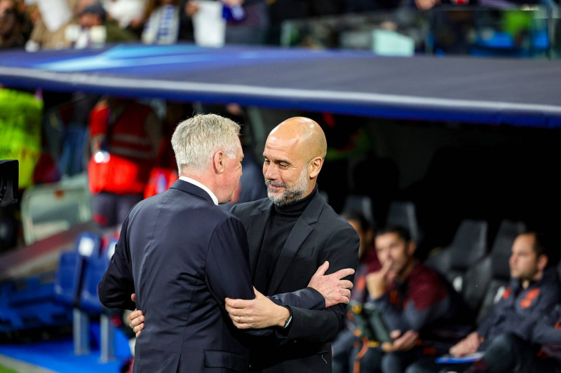 Real Madrid v Manchester City Champions League 09/04/2024. Carlo Ancelotti Manager of Real Madrid greets Pep Guardiola M