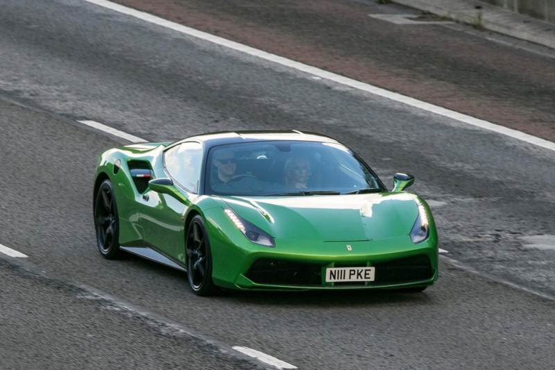 N111PKE Ferrari Gtb S-A traveling southbound on the M6 Motorway near Preston in Lancashire, UK