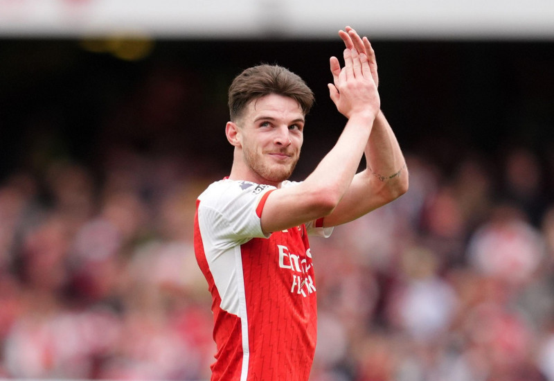 Arsenal's Declan Rice celebrates after the Premier League match at the Emirates Stadium, London. Picture date: Saturday May 4, 2024.