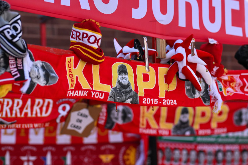 Premier League Liverpool v Wolverhampton Wanderers A Jurgen Klopp Scarf on a Souvenir stalls outside Anfield ahead of th