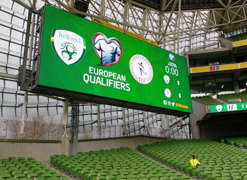 Aviva Stadium, Dublin, Leinster, Ireland. 27th Mar, 2021. 2022 World Cup Qualifier, Ireland versus Luxembourg; A lone match day steward guards an empty North Stand at the Aviva Stadium ahead of the match between Republic of Ireland and Luxembourg Credit: