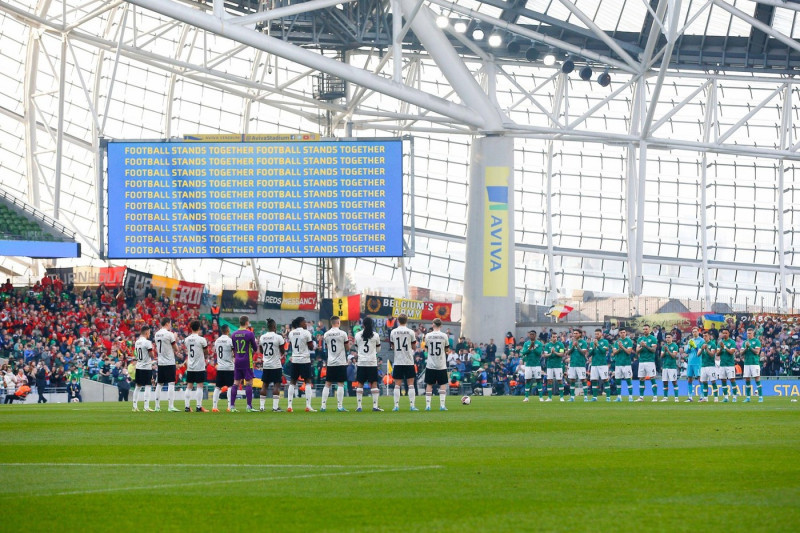 Aviva Stadium, Dublin, Ireland. 26th Mar, 2022. International football friendly, Republic of Ireland versus Belgium; The two teams stand in unity with the Ukraine Credit: Action Plus Sports/Alamy Live News