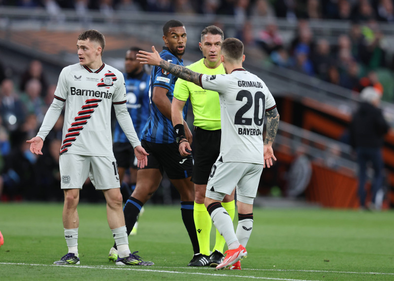Dublin, Ireland, 22nd May 2024. Alex Grimaldo of Bayer Leverkusen complains to referee Istvan Kovacs during the UEFA Eur
