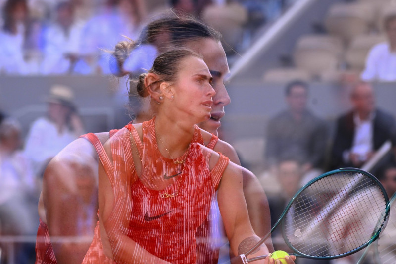Multiple exposure of Aryna Sabalenka ( RUS ) during the 2024 French Open at Roland Garros on June 5, 2024 in Paris, Fran