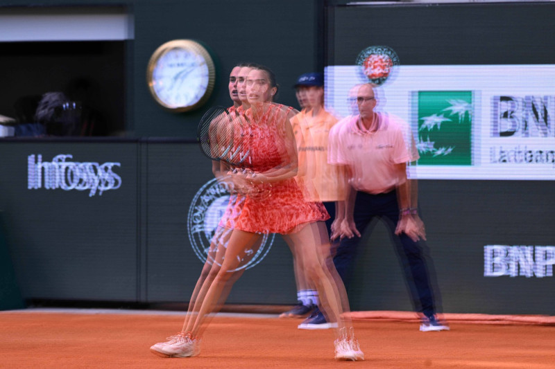 Multiple exposure of Aryna Sabalenka ( RUS ) during the 2024 French Open at Roland Garros on June 5, 2024 in Paris, Fran