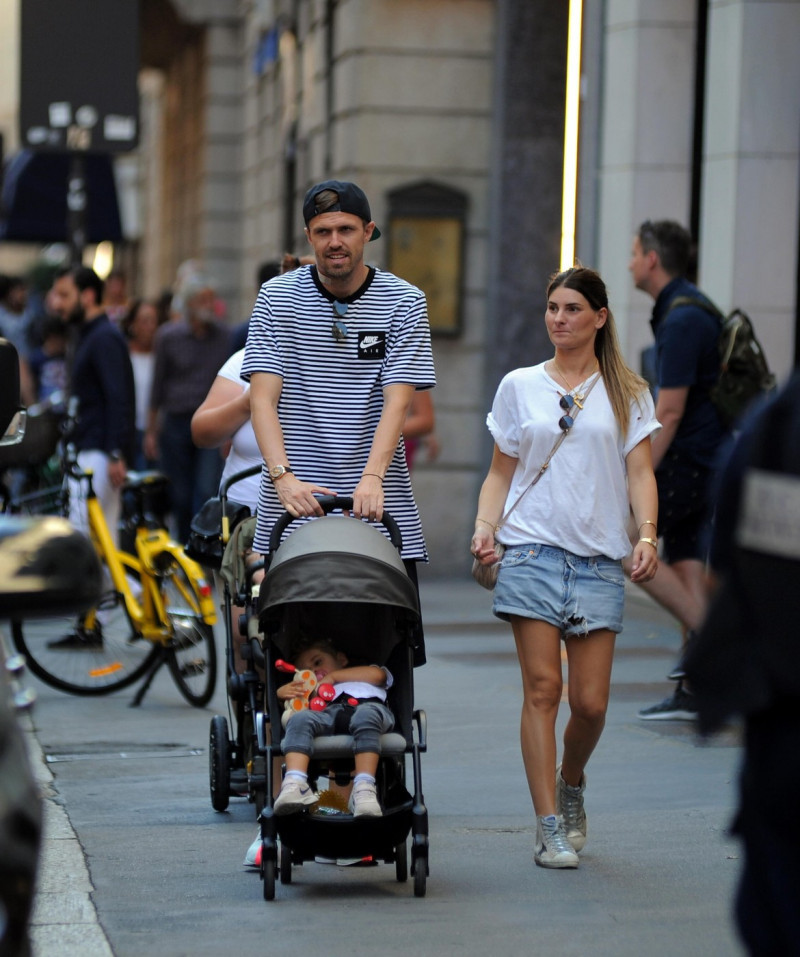 Milan, Josip Ilicic and family walking in the center Josip Ilicic, the Slovenian striker of ATALANTA and SLOVENIA national team, arrives in the center with his wife TINA and little VICTORIA, born in February 2013. Here is ILICIC while carrying the strolle