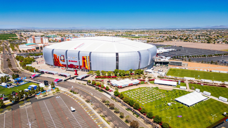 Glendale, AZ - April 7, 2024: State Farm Stadium is a multi-purpose retractable roof stadium in Glendale, Arizona, United States, west of Phoenix. It