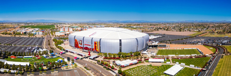 Glendale, AZ - April 7, 2024: State Farm Stadium is a multi-purpose retractable roof stadium in Glendale, Arizona, United States, west of Phoenix. It