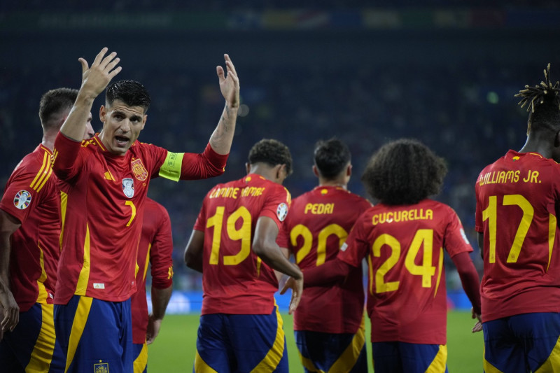 EURO 2024 - Matchday 2, Group B: Spain vs. Italy Spain celebrate getting a 1-0 lead through Riccardo Calafiori s own goa